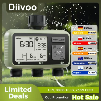Diivoo Garden Water Timer 3 Zone Programmable Automatic Irrigation Timer with Rain Delay Manual/Auto Mode Watering for Lawn Yard
